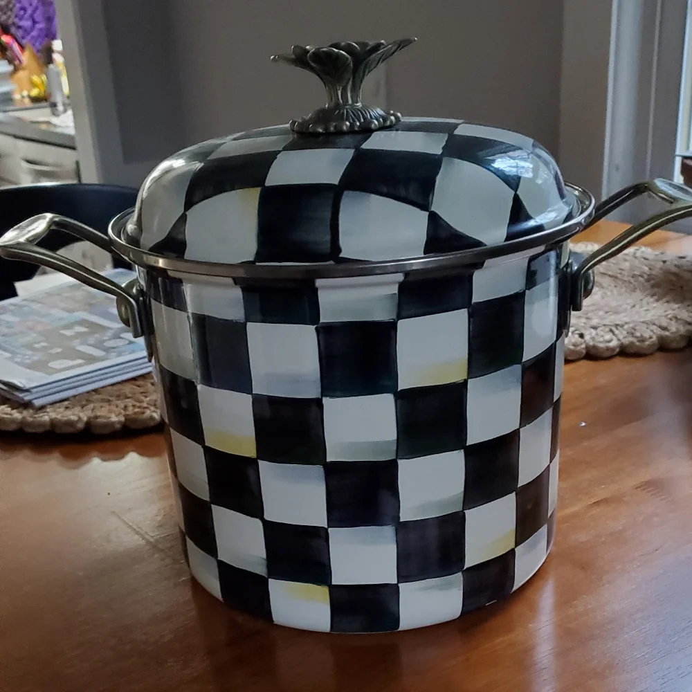 MacKenzie-Childs Black and White Courtly Check Covered Pot with Brass Handles